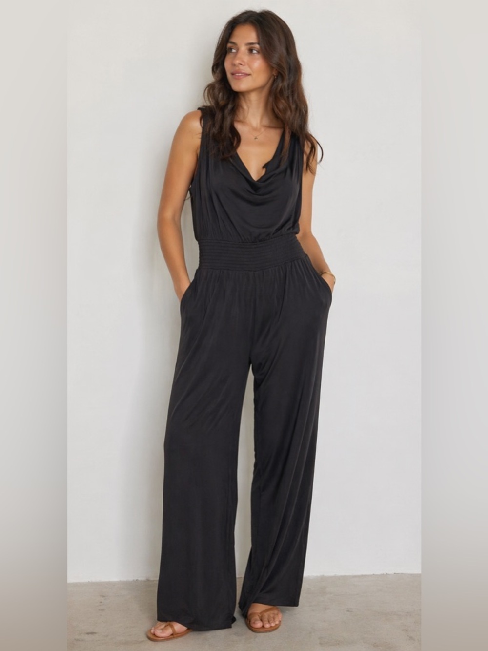 Sundance sleeveless dark gray wide leg jumpsuit pockets lightweight medium women
